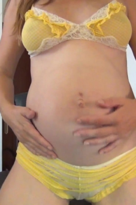 pregnant dildo fucking in yellow lingerie